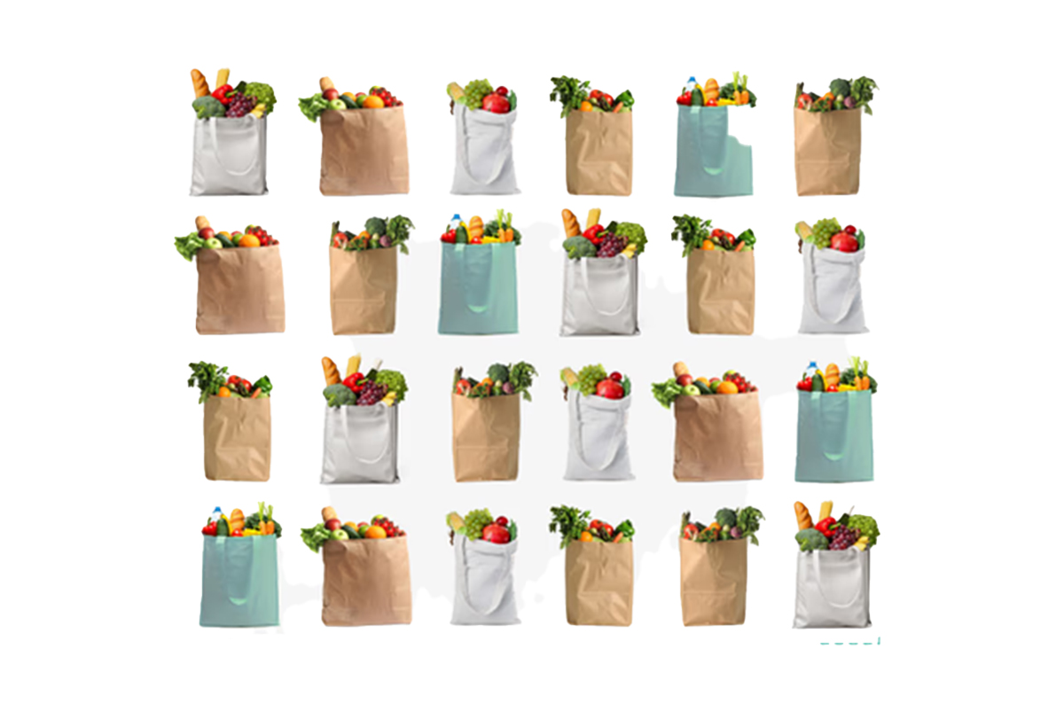 Απεικονίζονται το ψυγείο και μεγάλος αριθμός σακουλών παντοπωλείου.